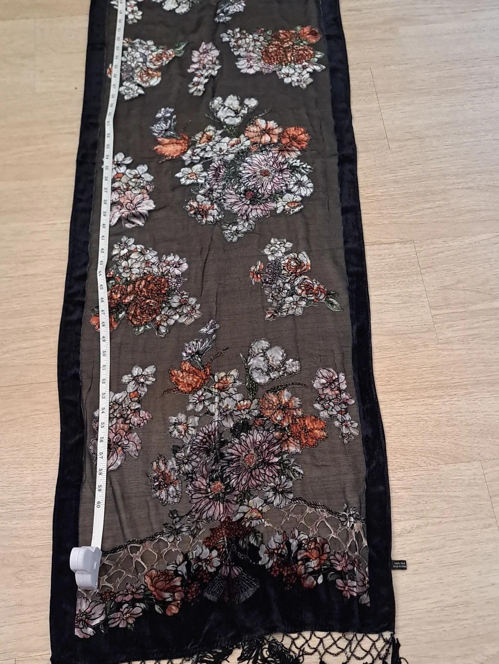 Vintage Black Sheer Floral Scarf with Fringe 100% Silk